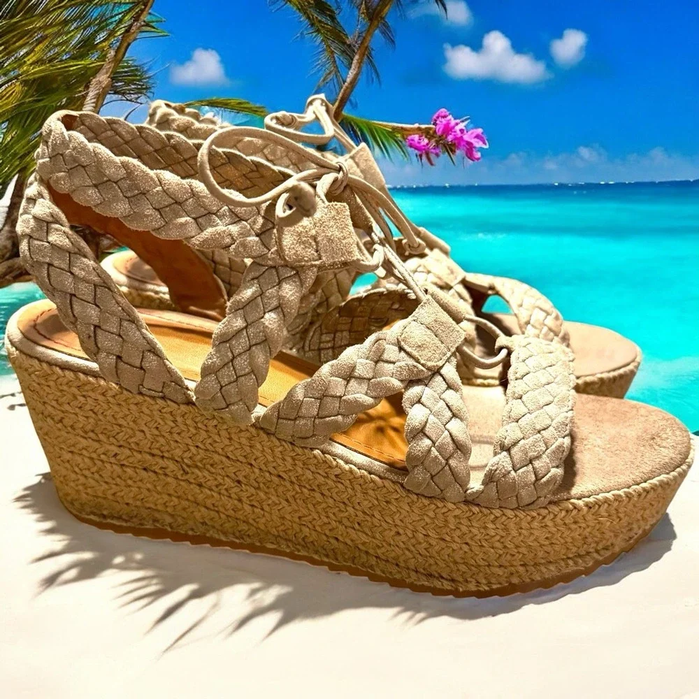 Trask Patrice Braided Wedge Platform Sandals Gold Shimmer‎ Size 9 Coastal Boho